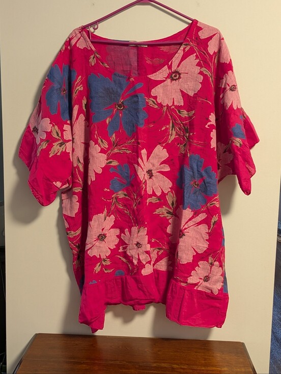Prospero Tops - Prospero Oversize Linen Tunic .Women's Pink Floral Scoop-Neck Top. Frill Detail